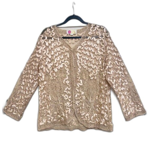 Vintage Champagne Gold Beaded Lace Mesh Cardigan - Size M - Picture 1 of 6